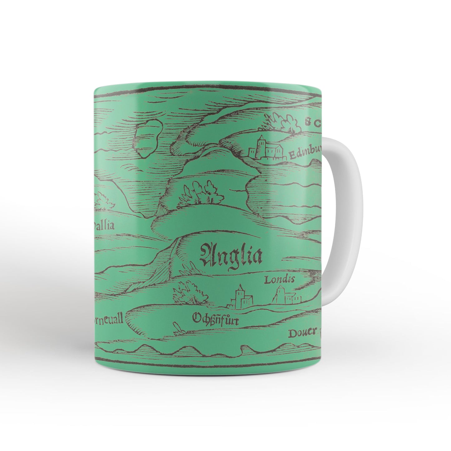 Green Britain Map Mug from The Cosmographia (1544) by Sebastian Münster, Leighton Library