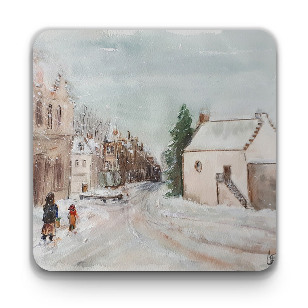 Leighton Library snowy watercolour square coaster