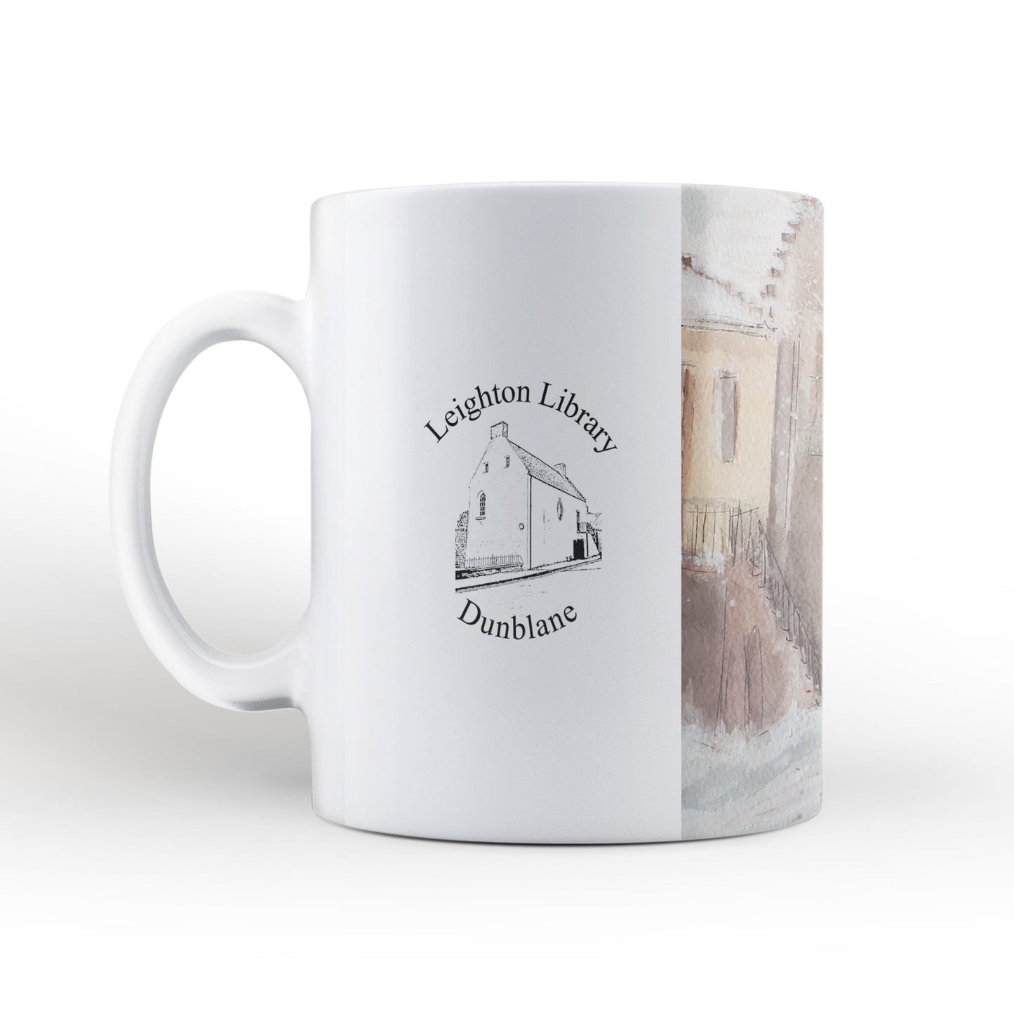 Snowy watercolour of Leighton Library mug