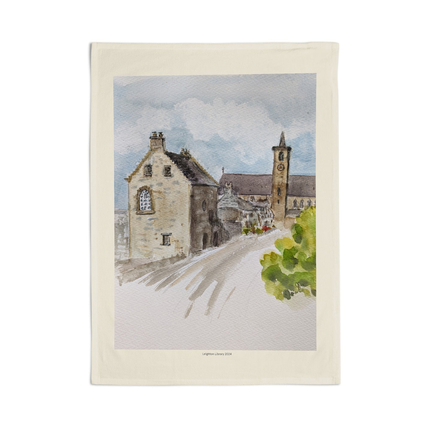 Leighton Library watercolour natural tea towel