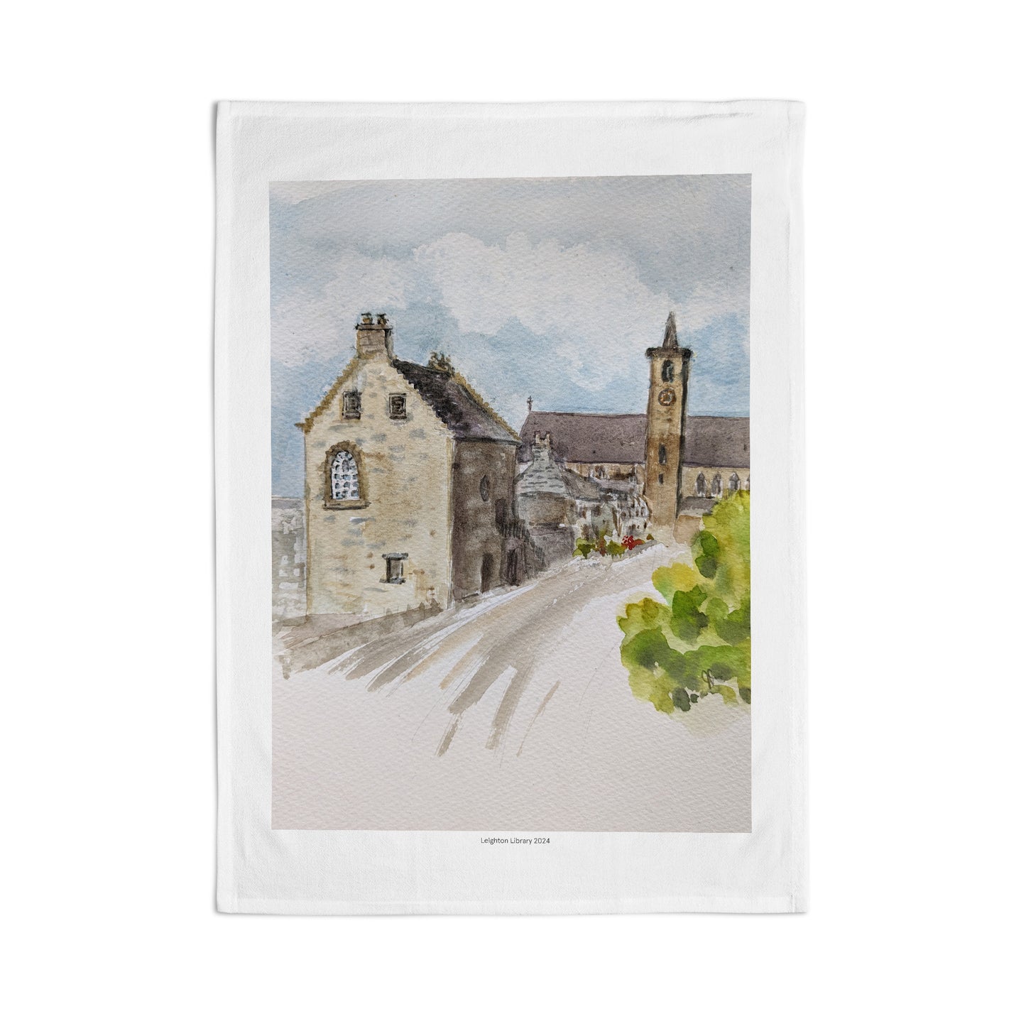 Leighton Library watercolour white tea towel