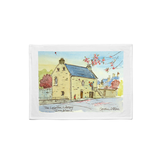 Leighton Library new watercolour white tea towel