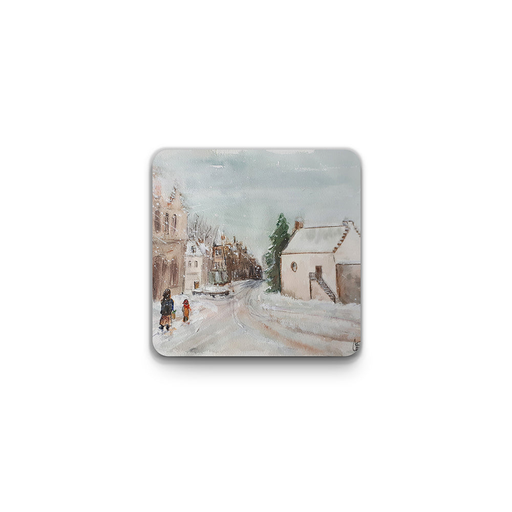 Leighton Library snowy watercolour square coaster