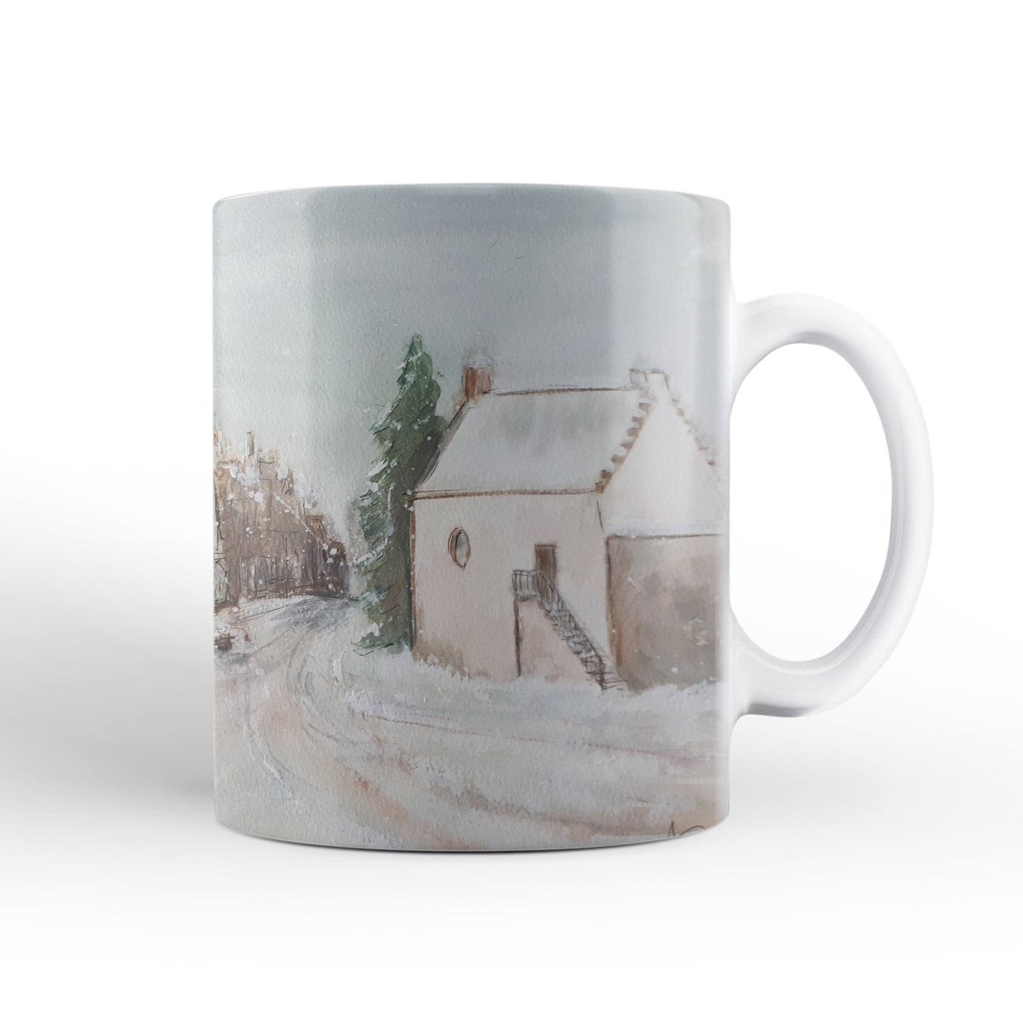 Snowy watercolour of Leighton Library mug
