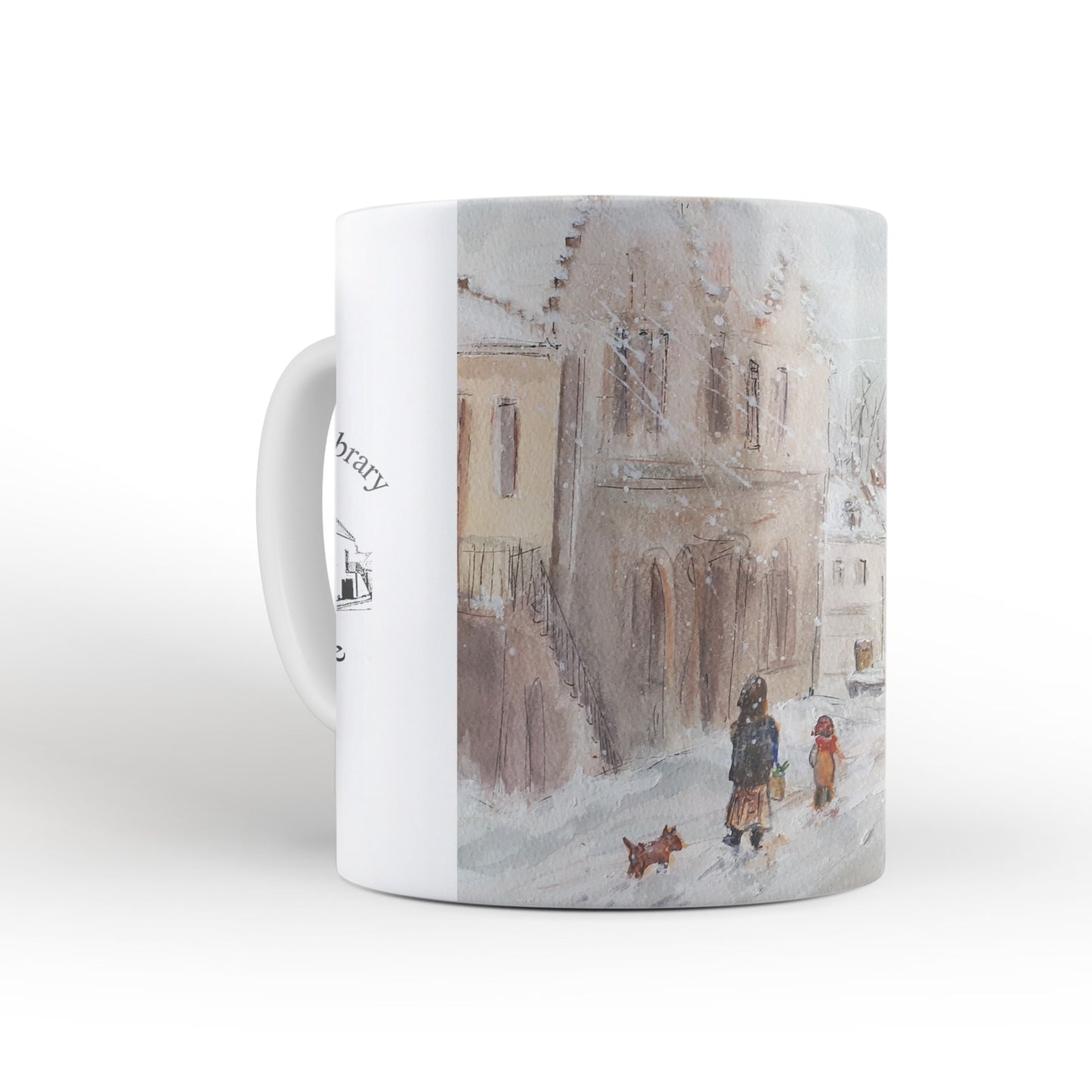 Snowy watercolour of Leighton Library mug