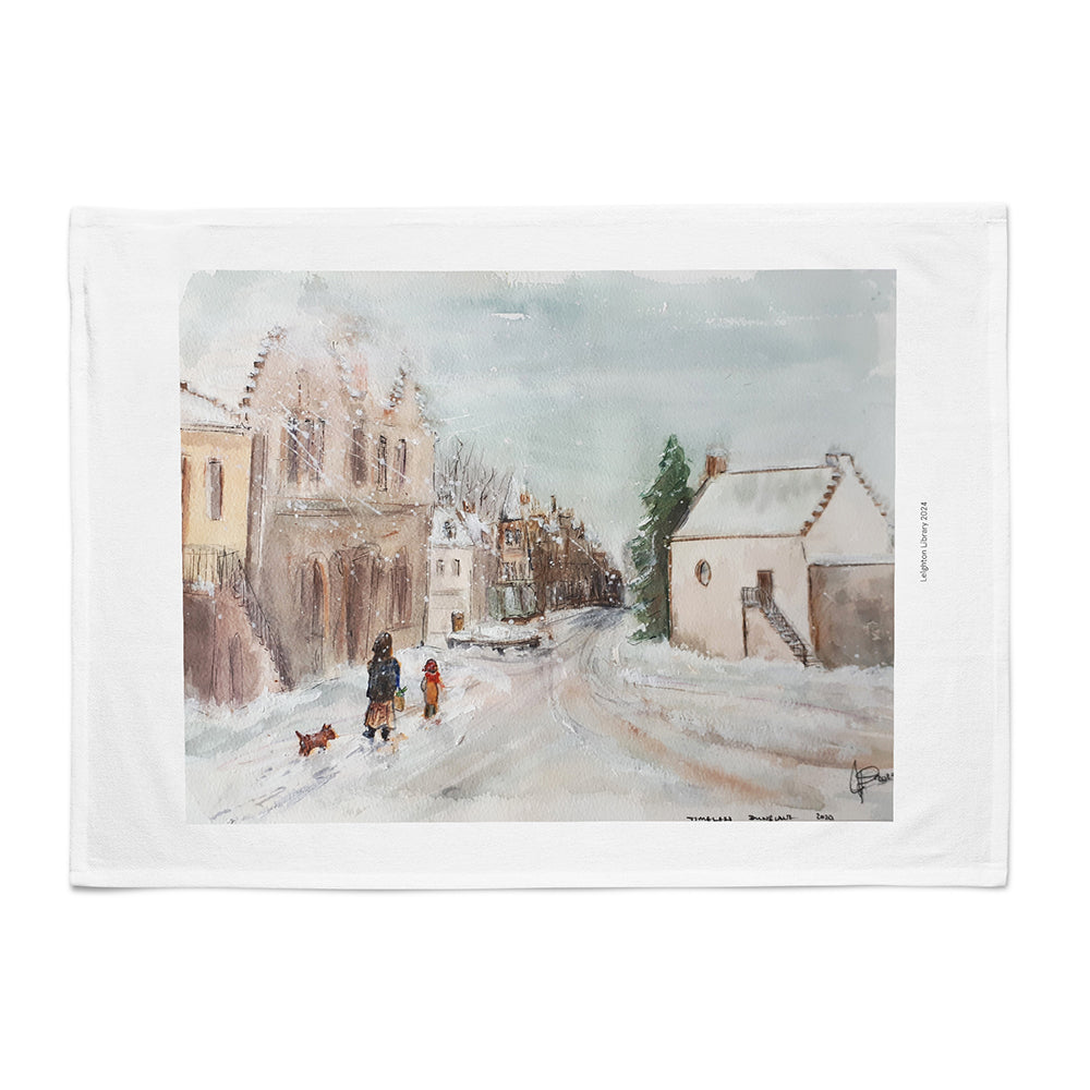 Leighton Library snowy watercolour white tea towel