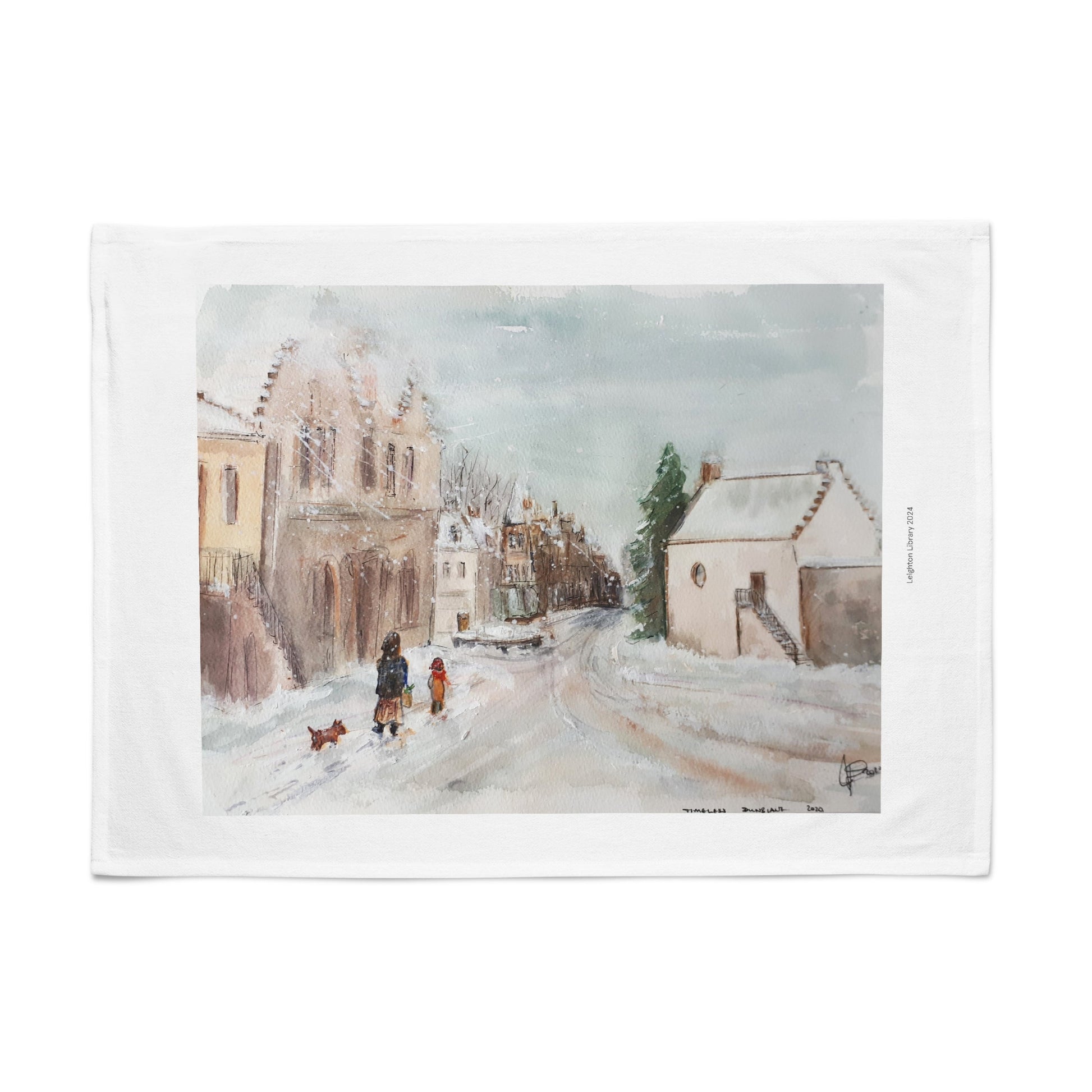 Tea towel of the Leighton Library in a snowy street scene with buildings and people.